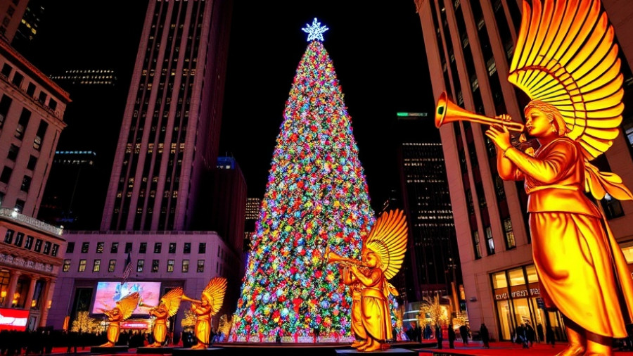 Rockefeller Center Christmas Tree glowing with colorful lights and angels.