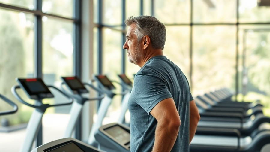 Middle-aged man walking backward on treadmill in gym, backward walking benefits.