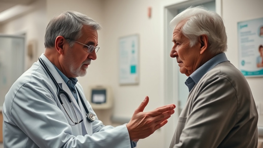 Doctor with elderly patient discussing shingles vaccine benefits in clinic.