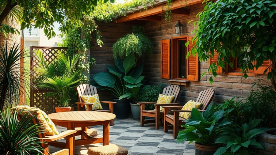 Create a beautiful small rustic garden oasis with wooden furniture.