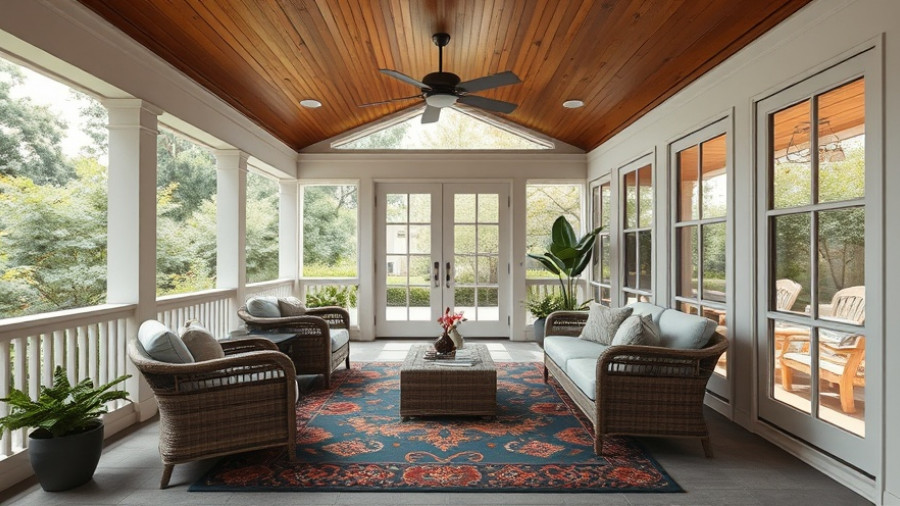 Modern indoor porch design with wood ceiling and outdoor view.