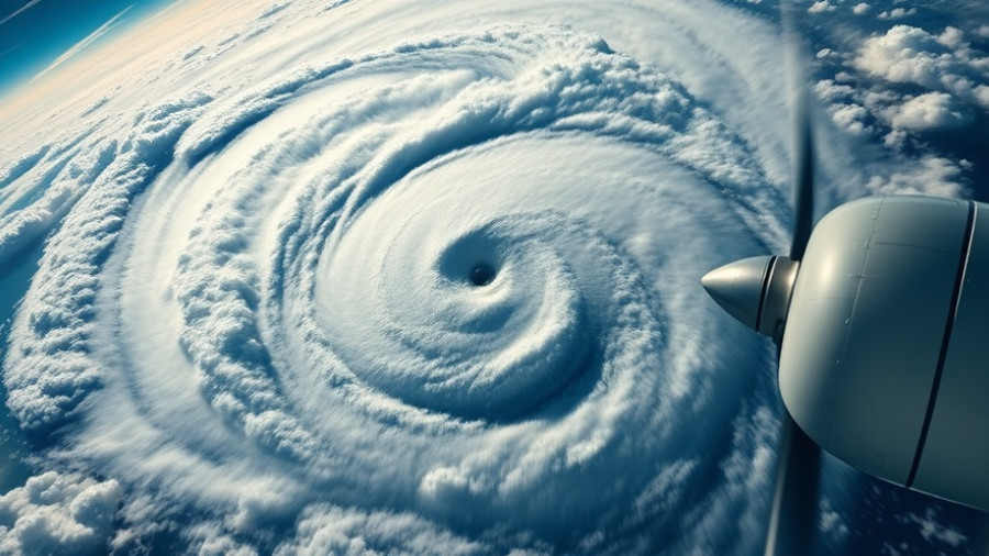 Aerial view of Hurricane Melissa's eye with plane propeller.