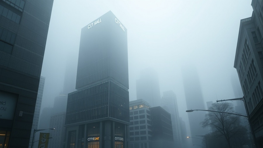 City Hall in fog reflecting New Orleans financial crisis.