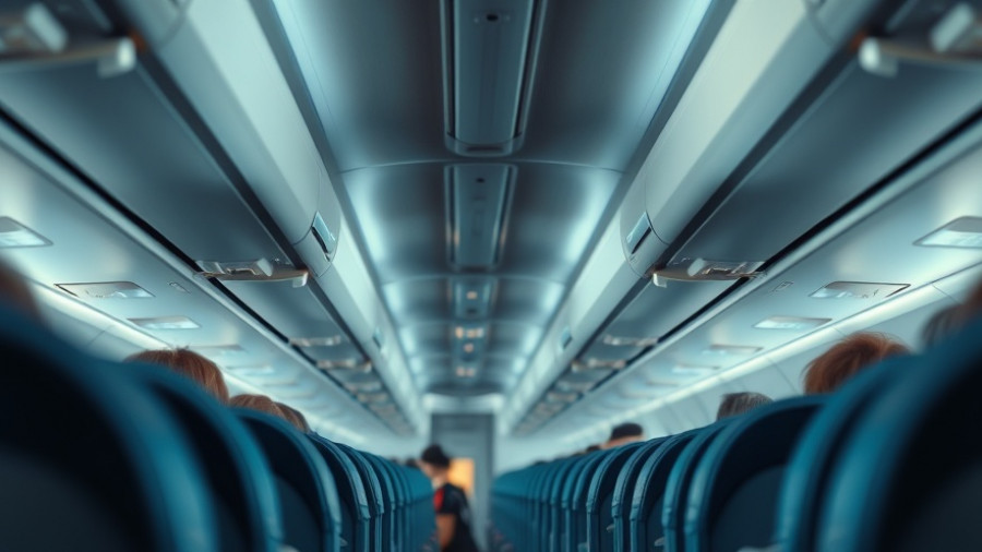 Cabin scene depicting flight attendant assisting passengers.