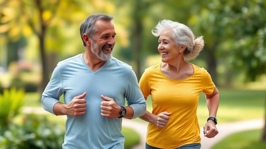 Energetic couple jogging in park demonstrating NAD+ healthy aging.