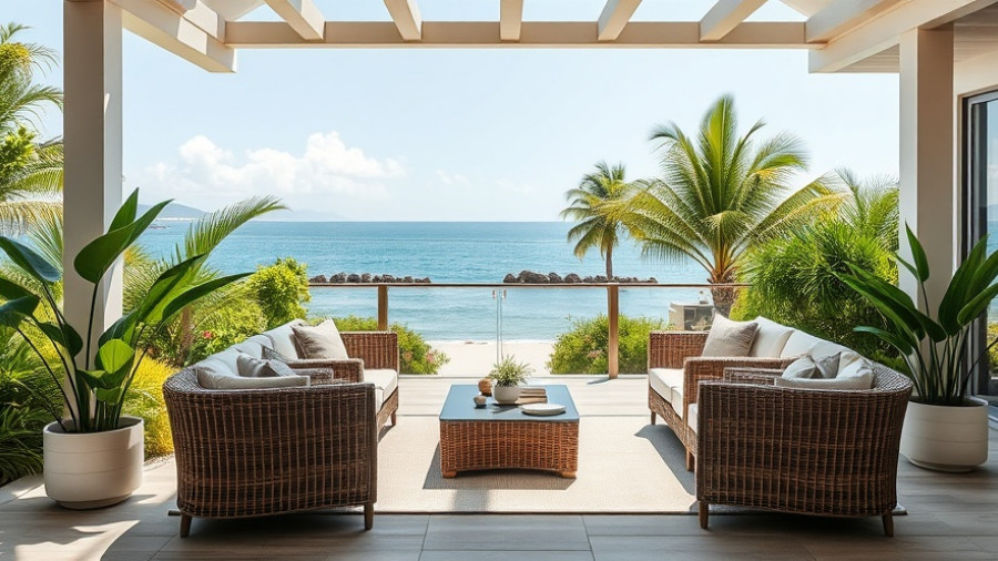 Modern outdoor seating area ideas with wicker furniture and coastal view.
