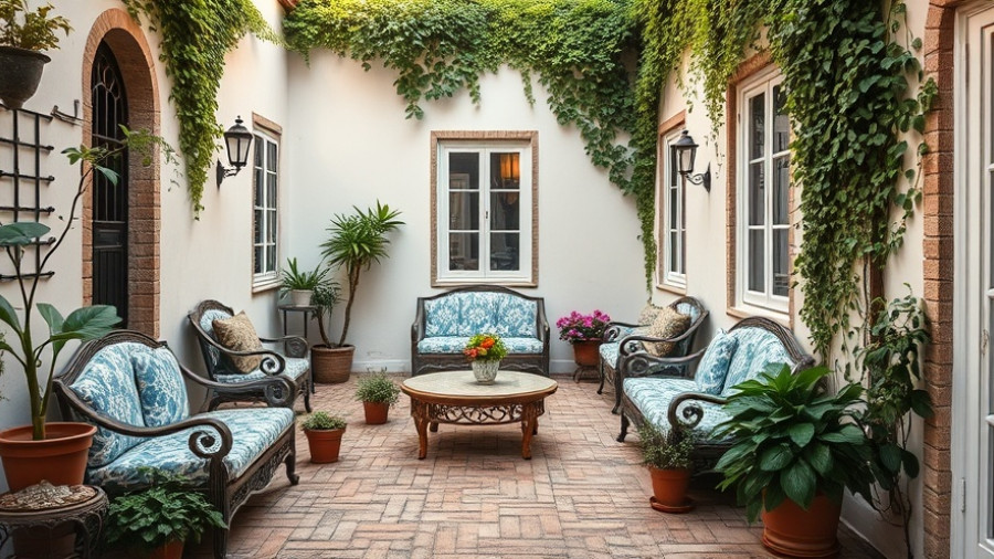 Charming townhouse courtyard in Belgium with ornate seating and greenery.