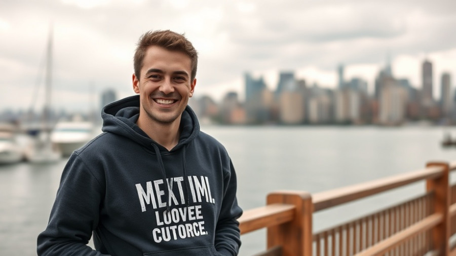 Smiling young man near waterfront promoting awareness