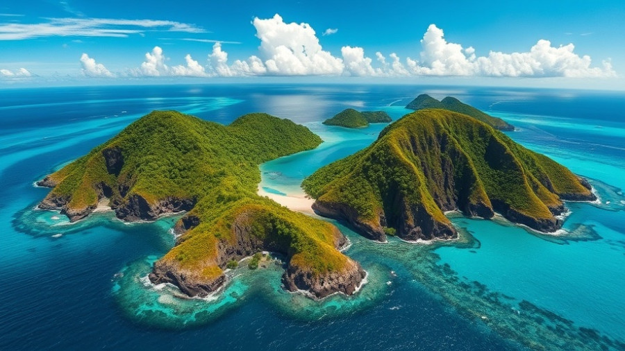 Tropical islands with turquoise sea and greenery.