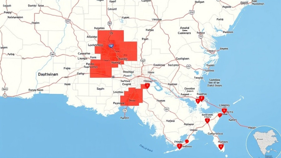 Map showing power outages in Louisiana with marked areas.