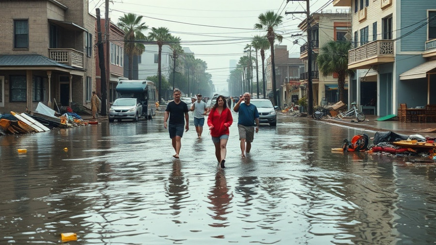 Hurricane Melissa impact aftermath scene with people on flooded street.