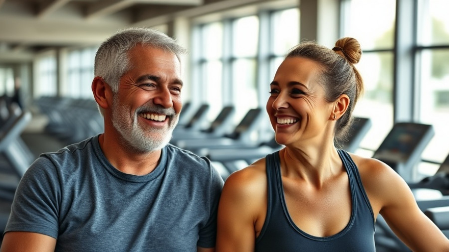 Middle-aged couple smiling after exercise in a gym to prevent heart disease.