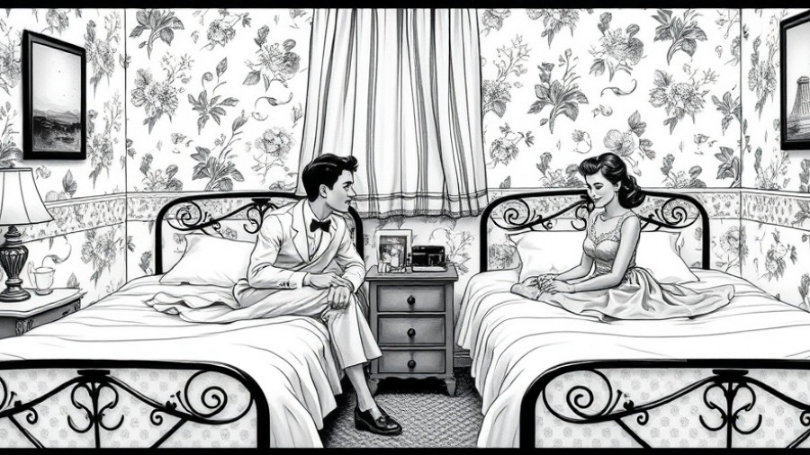 Couples choosing separate beds in vintage setting.