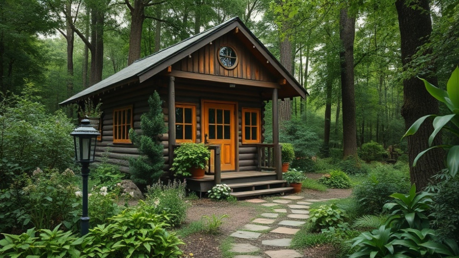Charming wooden cabin surrounded by lush vintage rustic garden design.