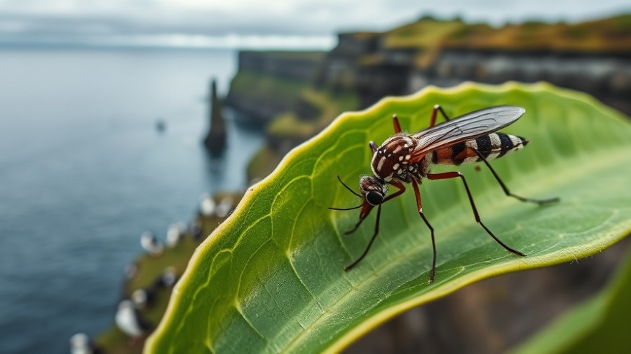 Iceland landscape with puffins and mosquito, illustrating climate change.