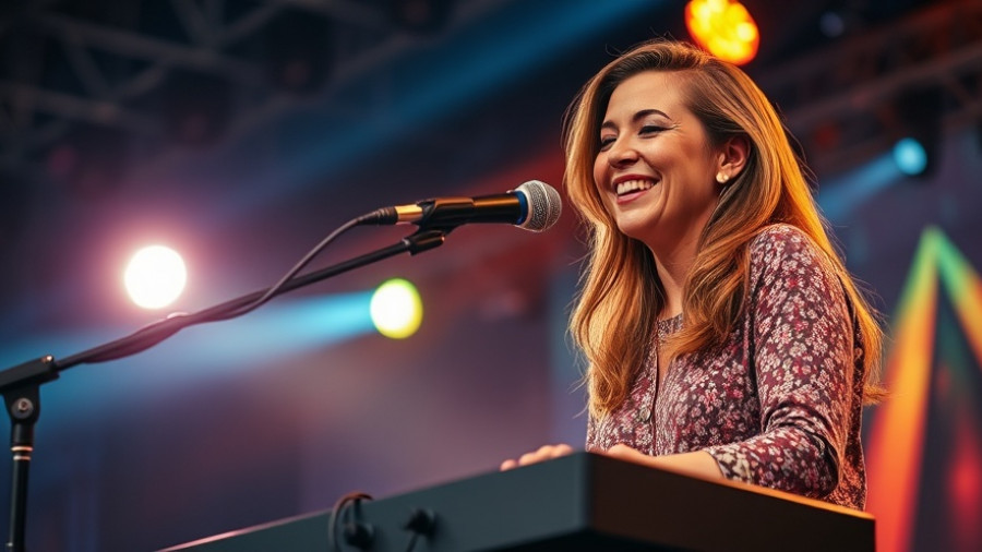 Woman smiling while performing onstage, half body, vibrant setting.