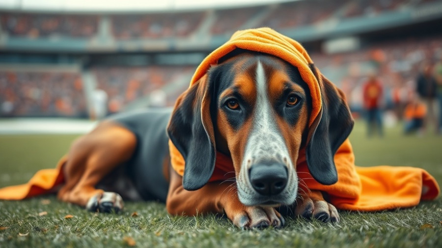 University of Tennessee mascot dog lying down calmly in an orange blanket.