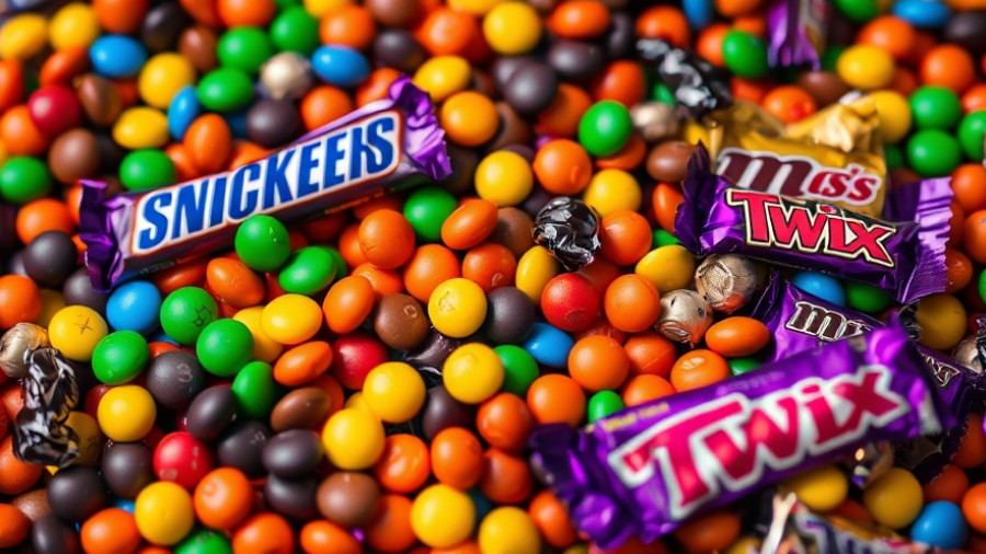 Close-up of assorted Halloween candy with vibrant M&M's wrappers.