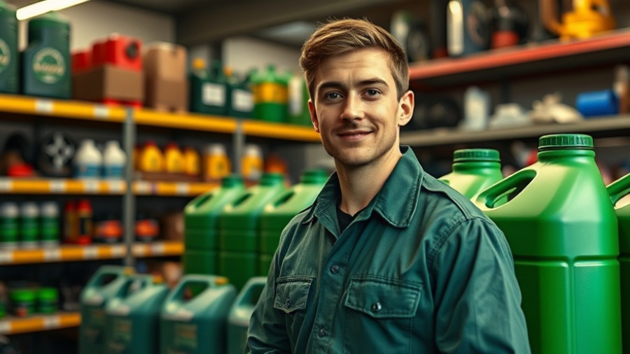 Young man at auto parts store with oil containers, ordered 40 oil changes.