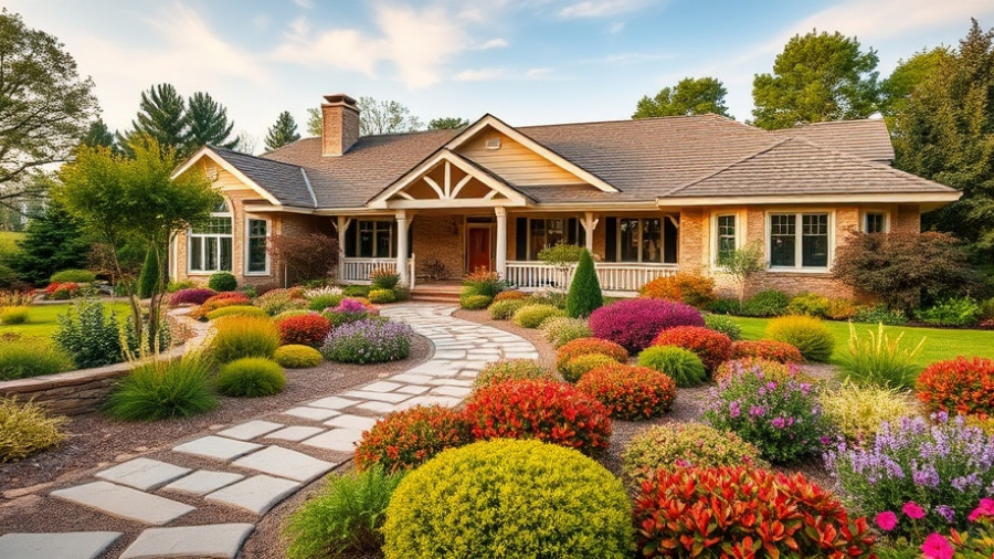 Ranch house landscaping design with colorful plants and stone paths.
