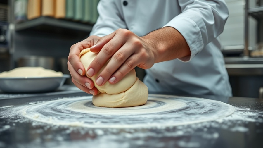 Baker preparing dough in a commercial kitchen.