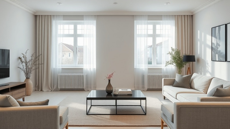 Elegant apartment living room with modern design and neutral tones, featuring large windows.