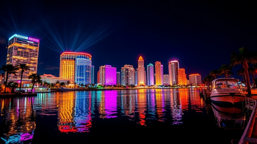 Vibrant Florida skyline at night with reflections.