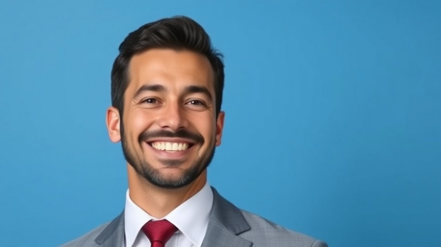 Smiling man in professional attire against blue backdrop.