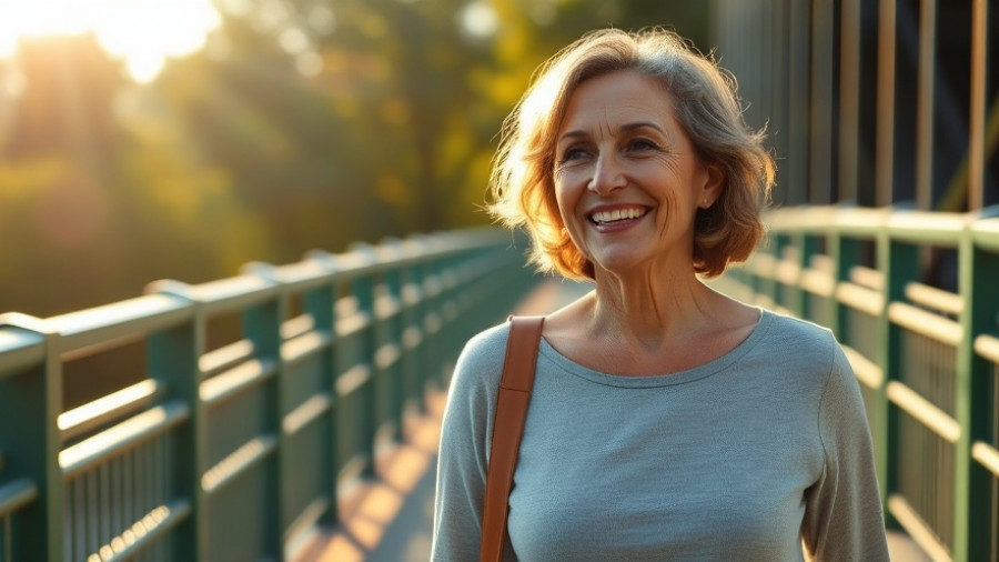 Joyful woman walking on a sunlit bridge as part of morning routine for happiness.