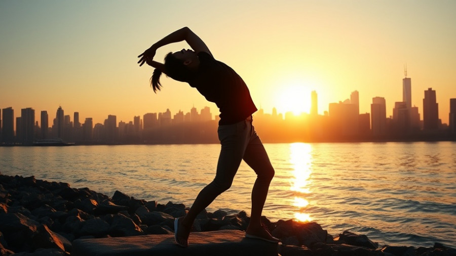 Silhouette stretching by city skyline at sunrise, 6-step morning routine inspiration.
