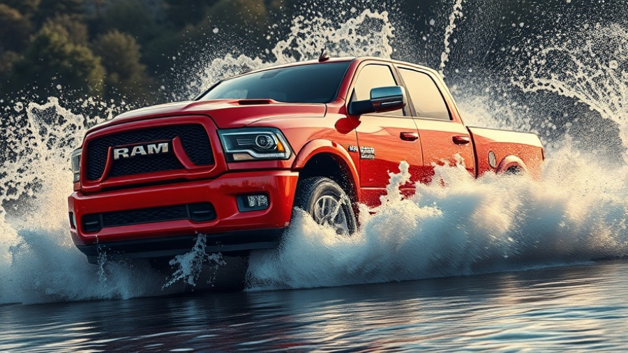 Red Ram SRT truck splashing through water at new models launch.
