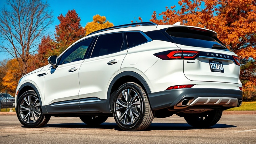 Sleek white SUV parked outdoors, buy used cars, autumn scenery.