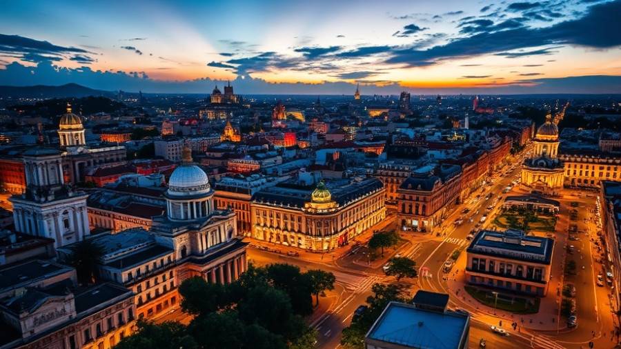 Stunning aerial view of Madrid cityscape, vibrant nightlife.