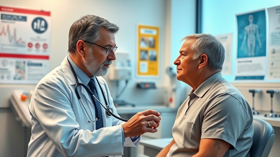 Doctor examines patient with stethoscope, linked to heart risk care.