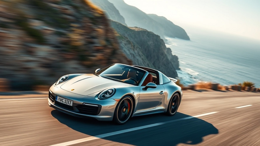 Sleek Porsche 911 in motion on coastal road, Porsche Tunnel Mode.