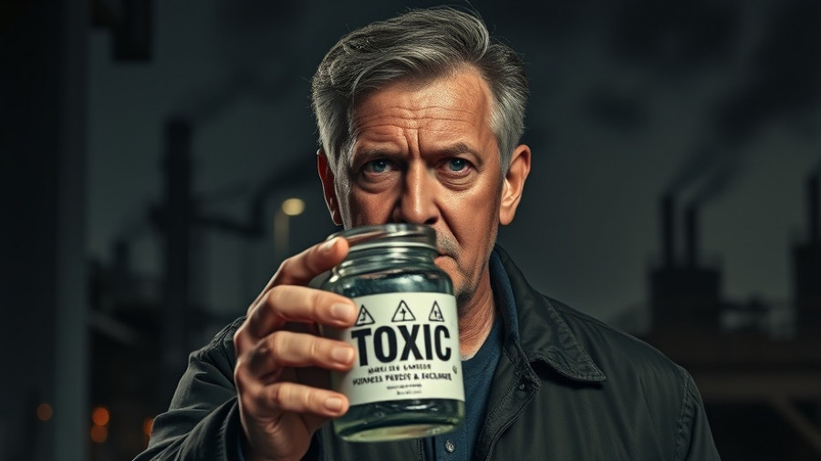 Concerned man with dangerous carb jar in polluted setting.
