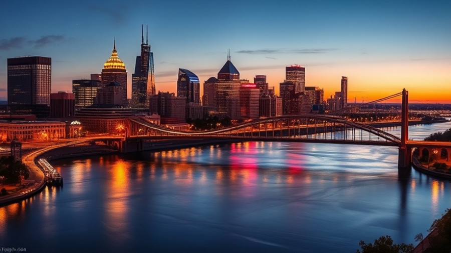 Cincinnati skyline at night with bridge and city lights reflecting.