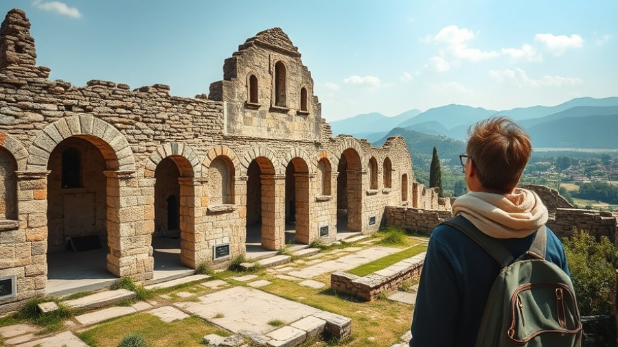 Roman hospital turned Christian sanctuary in Turkey with tourist observing.