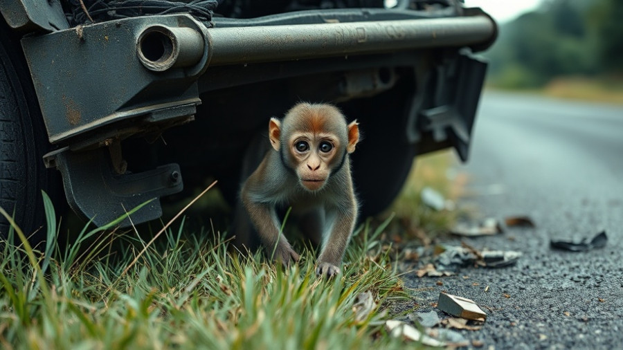 Escaped monkey in Mississippi seen outside a white vehicle.