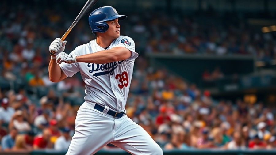 Dodgers player mid-swing in game action.
