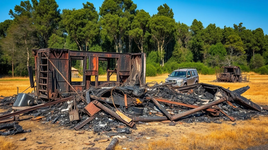 Fire damages stable at Lewis Stables Slidell, charred debris in sunlight.