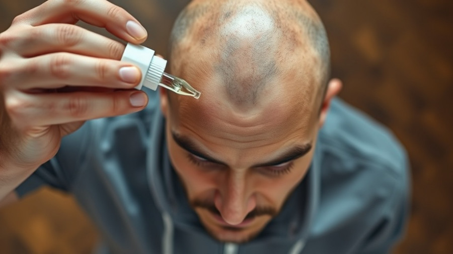 Bald man applying hair regrowth serum with dropper.