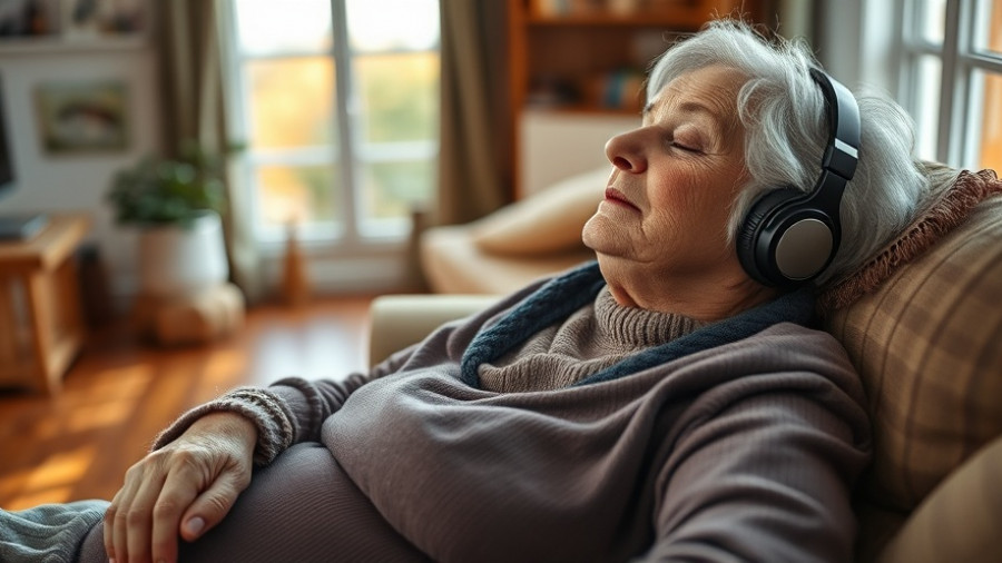 Elderly woman listening to music, potential dementia risk reduction.