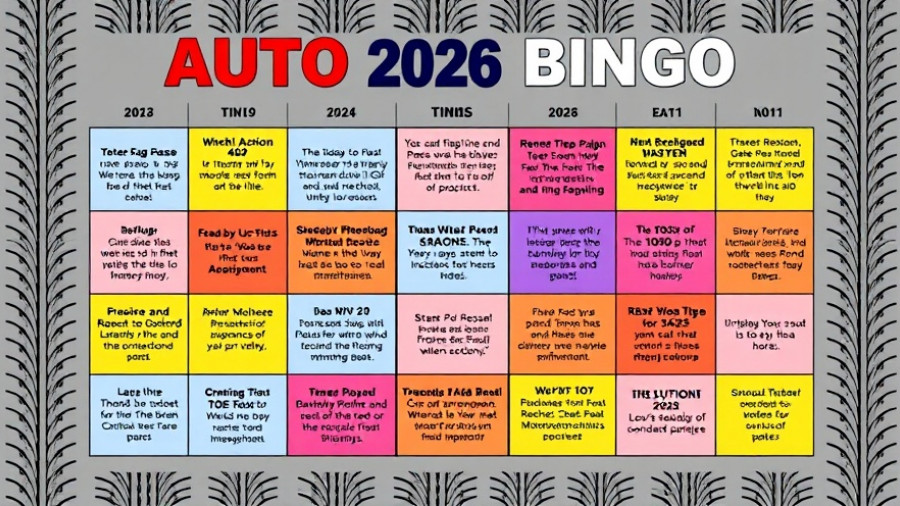 2026 auto industry trends bingo card with predictions on gray background.