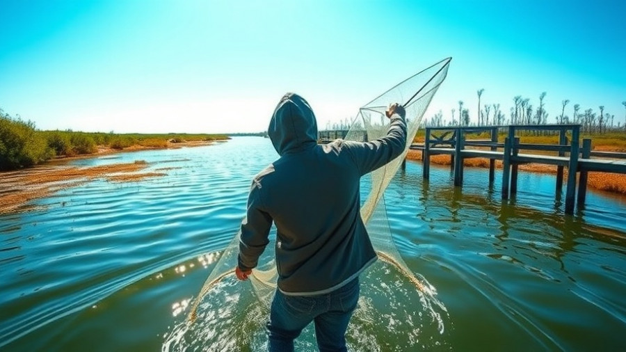 Fisher casts net in Louisiana bayou for jumbo shrimp and blue crabs.