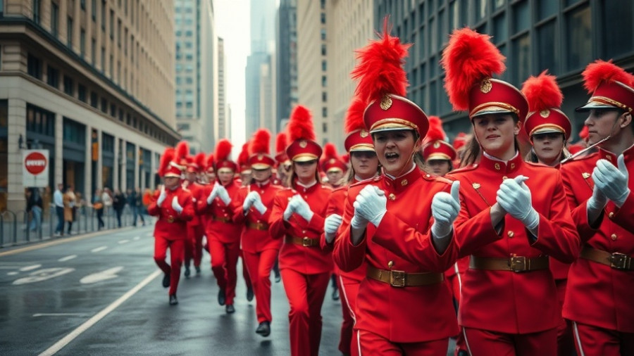 Marching band in red uniforms performing in city street for 2025 Macy's Thanksgiving Day Parade lineup.