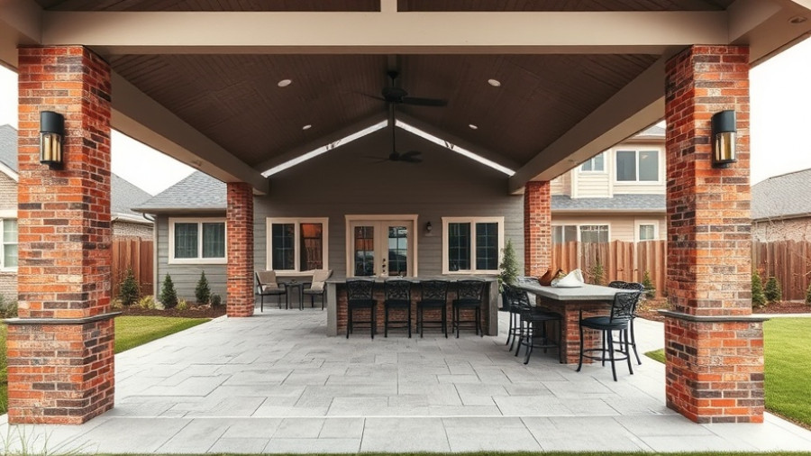 Inviting covered backyard patio design with outdoor kitchen and seating.