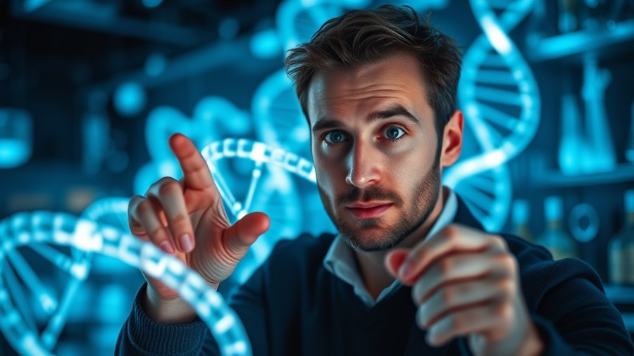 Fascinated man points at glowing DNA strand, symbolizing root cause of chronic diseases.