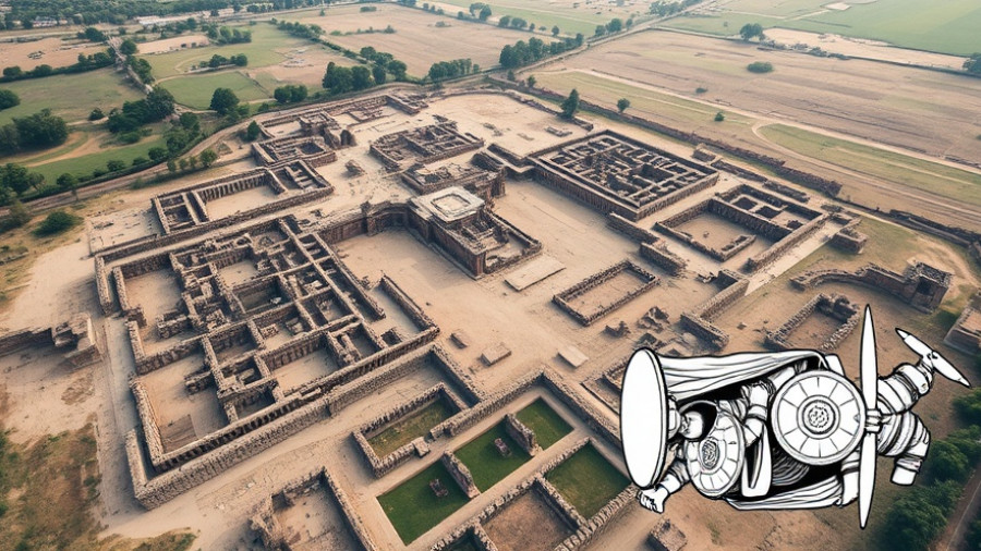 Aerial ruins of Gabii ancient city with Roman soldiers illustration.