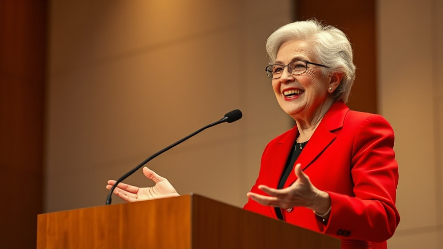 Diane Ladd obituary: Elderly woman in red blazer speaking at a podium, smiling warmly.